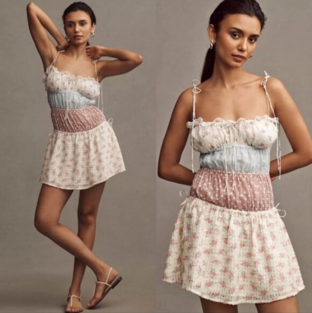 NWT | For Love and Lemons Spaghetti Strap Elula Patchwork Mini Dress Size M